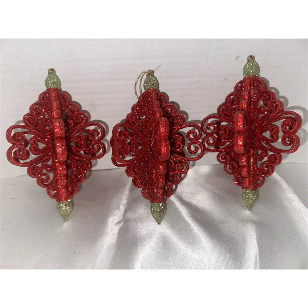 Red Glitter Scroll Christmas Ornaments Set of 3 Filigree Finial Holiday Decor